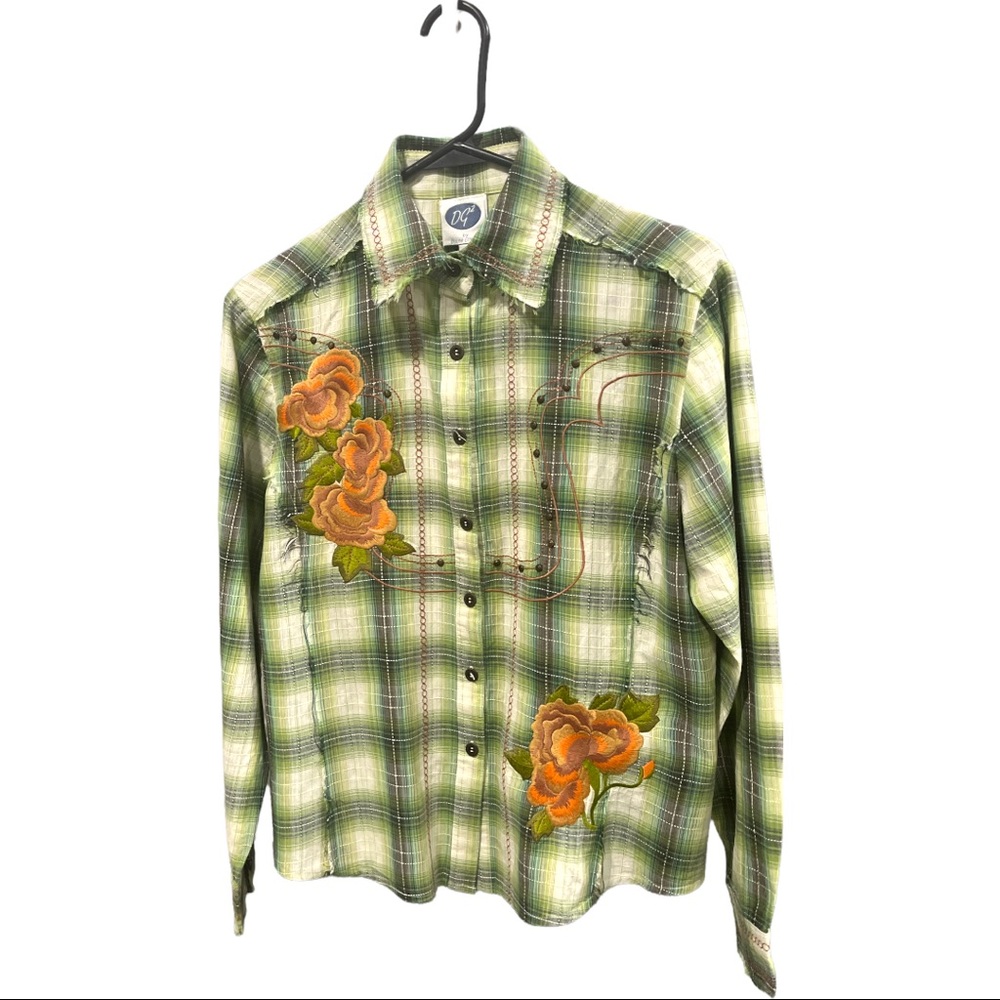 Diane Gilman DG2 Western shirt green plaid orange embroidered flowers Small